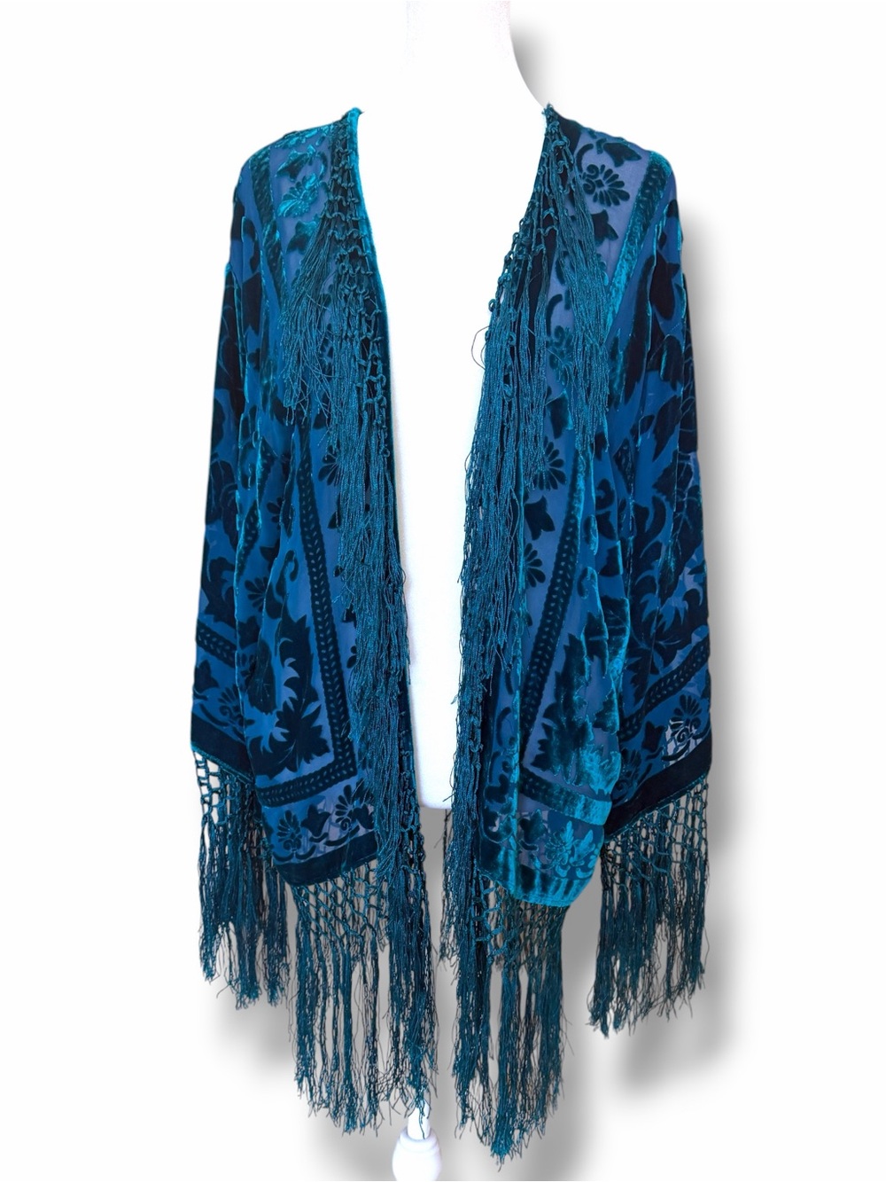 Maya Boutique Turquoise Teal Silk Burnout Velvet Kimono MSRP $400 - Picture 9 of 16